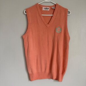 Vintage LaMode Peach Coral V-Neck Cable Knit Sweater Vest Cashmerlon M Preppy